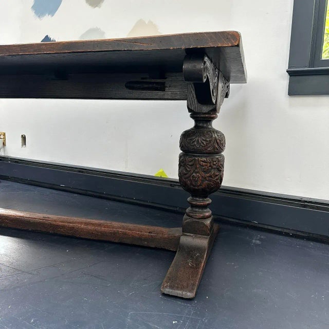 Jacobean Mid 20th Century Jacobean Style Dining or Console Table With a Details and Ornate Trestle Base For Sale - Image 3 of 11