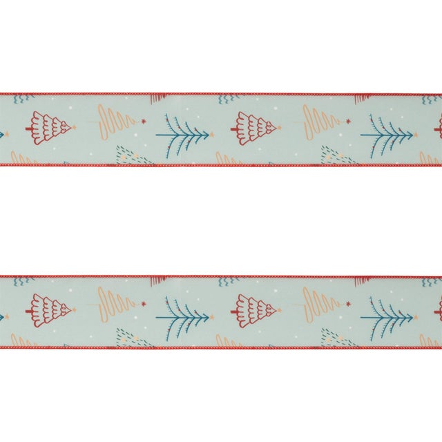 Contemporary Christmas Tree Print Wired Ribbon (Set of 2) For Sale - Image 3 of 3