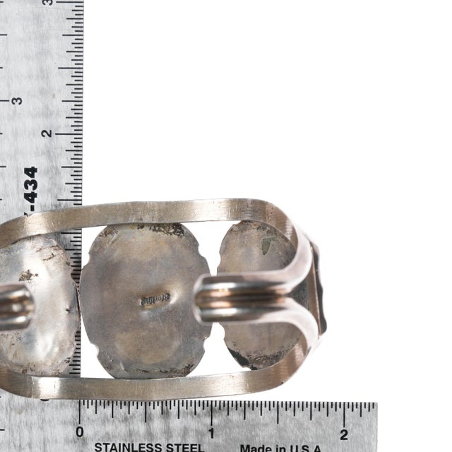 Silver 6.75" Vintage Native American sterling 3 turquoise cuff bracelet w/Brown matrix For Sale - Image 8 of 10