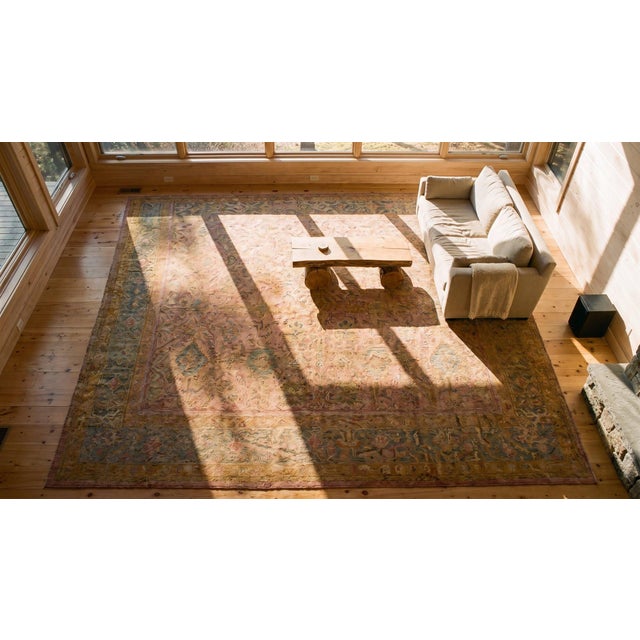 1900s Orange Peach Floral Geometric Antique Turkish Oushak Rug 17' 6" X 18' Knotted Pile Wool Carpet For Sale - Image 14 of 14