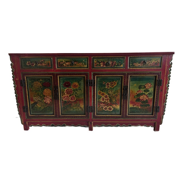 Late 20th Century Handcrafted Mongolian Painted Buffet Cabinet For Sale