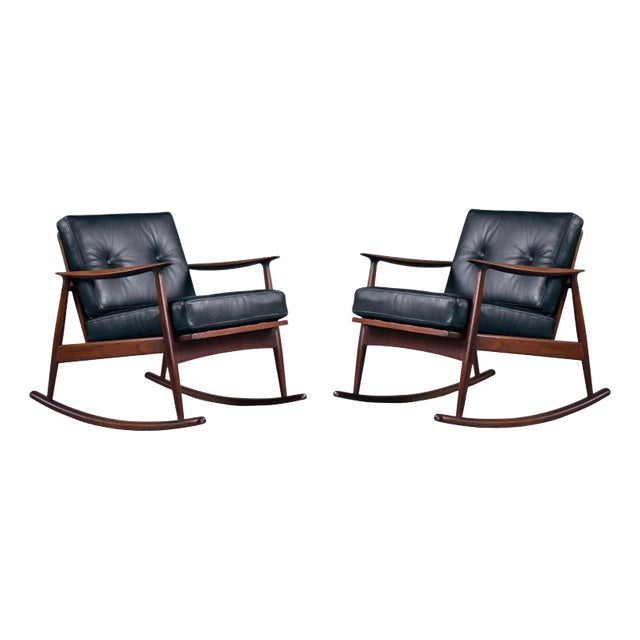 Pair of Restored Moreddi 1950's Danish Teak Rocking Chairs in Black Leather For Sale