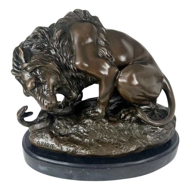 After A. Barye, Lion with Snake, 20th Century, Bronze For Sale