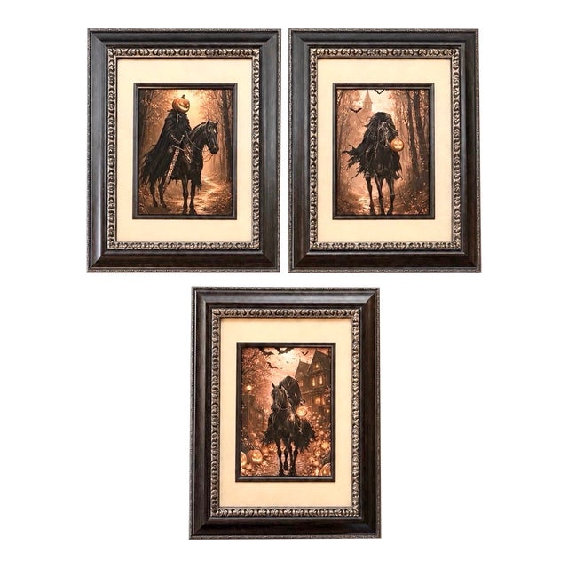 Set of 3 Framed Headless Horseman Halloween Prints in Ornate Gothic Frames For Sale