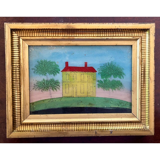 American Antique 19th Century American Folk Art Primitive Eglomise Reverse Painting on Glass of a Federal House in a Landscape For Sale - Image 3 of 8