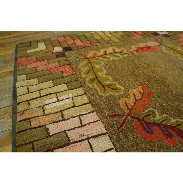 1890s Green Asparagus Foliate Antique American Hooked Rug 4' 3" X 5' 8" Handknotted Wool Carpet For Sale - Image 4 of 6