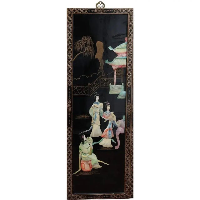 Black Antique Mid-Century Chinese Black Lacquer Wall Panels: Set of 4 With Raised Hardstone and Mother-of-Pearl Inlay For Sale - Image 8 of 16