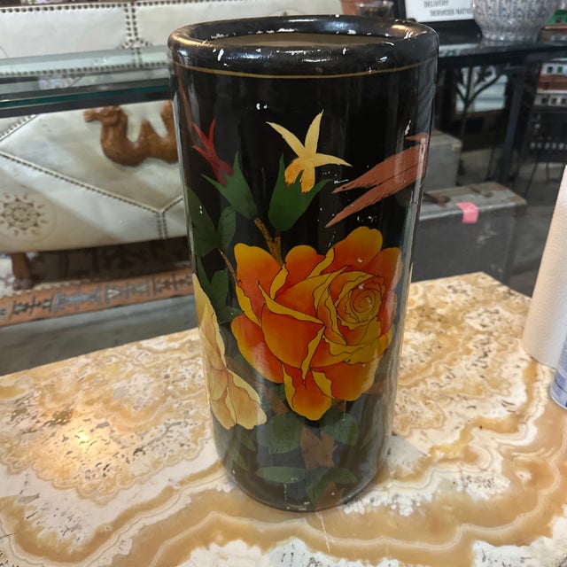 Asian Vintage Ceramic Asian Style Black Umbrella Stand For Sale - Image 3 of 5