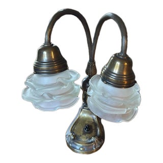 Vintage Art Nouveau Double Gooseneck Lamp - White Frosted Rose Shades For Sale