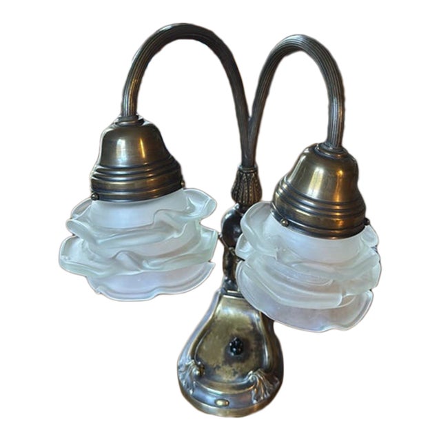 Vintage Art Nouveau Double Gooseneck Lamp - White Frosted Rose Shades For Sale