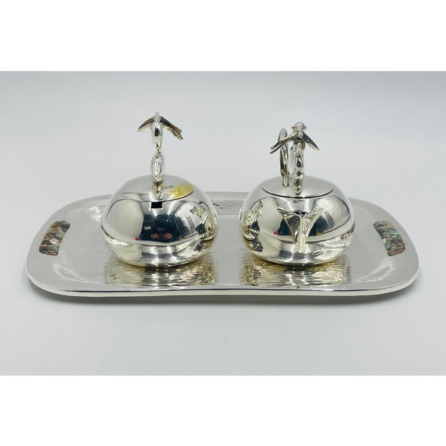 Metal 1970s Los Castillo Taxco Pelican Creamer, Sugar & Serving Tray, Mexican Silversmithing - 3pcs For Sale - Image 7 of 18
