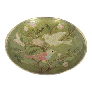 Vintage Enamelled Brass Pedestal Bowl Hand Painted Enamel Birds and Flowers For Sale