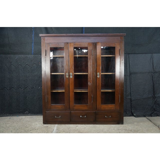 Wood Antique Mission Oak Arts & Crafts Triple Bookcase Curio Display Cabinet 61" For Sale - Image 7 of 15