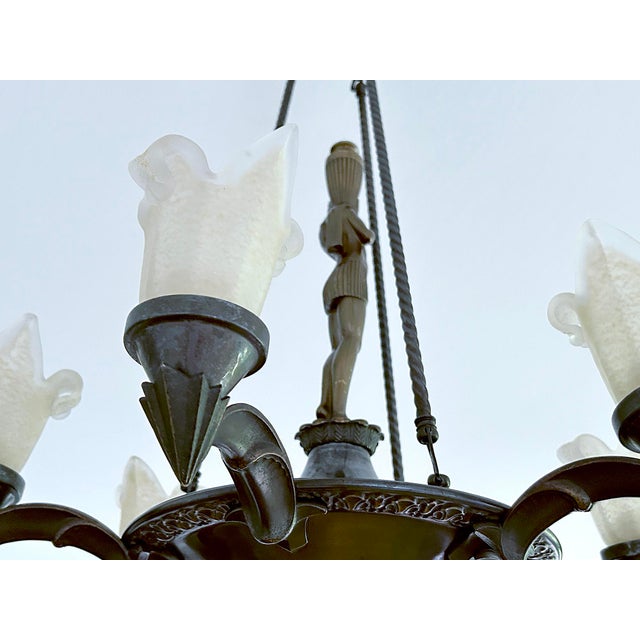 Large Art Deco Sculptural Chandelier in Bronze and Glass, 1930s For Sale - Image 15 of 18