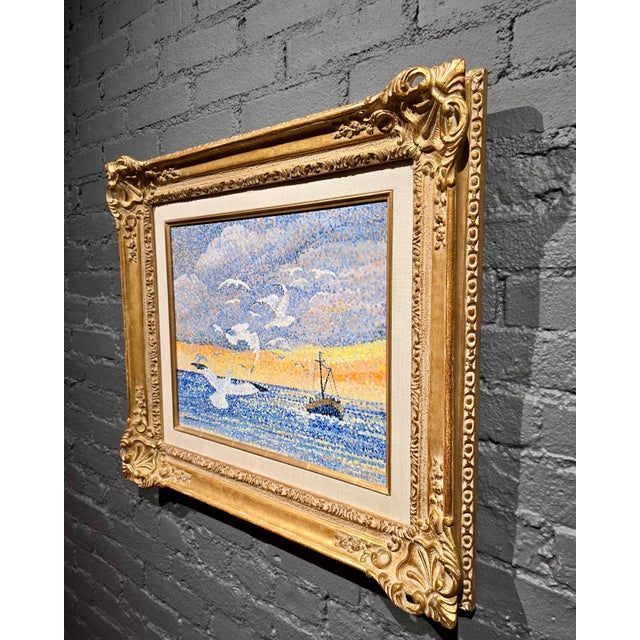 Yvonne Canu –Seagulls at Sunset (Les Mouettes)- French Pointillist Seascape-Oil Painting For Sale - Image 9 of 12