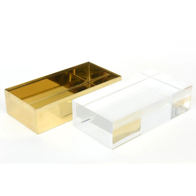 1970s Vintage Rare Casa Bella Monumental Brass, Mirrored and Thick Lucite Two Part Box Italy For Sale - Image 5 of 12