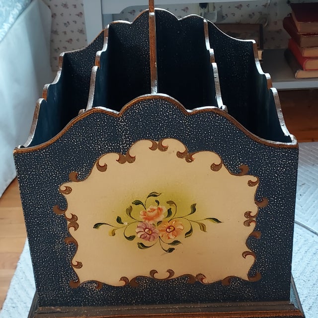 French Country Hand Painted Floral Gilded Wood Magazine Rack Vintage Speckled Finish Handle 26" H 14" W For Sale - Image 3 of 16