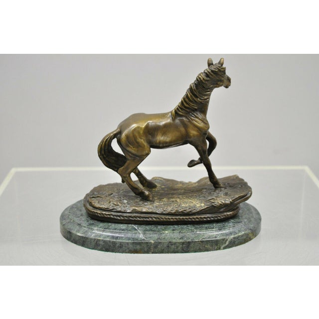 Small Bronze Equestrian Horse Statue Sculpture on Green Marble Base