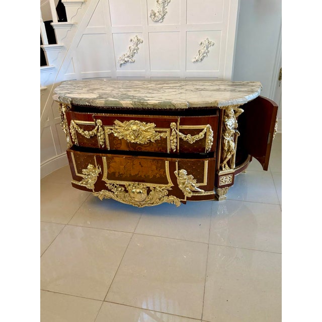 Wood Antique Louis XVI Style of Mahogany, Fruitwood Marquetry & Gilt Bronze Mounted Commodes after the Original by Jean-Henri Riesener, 1900s, Set of 2 For Sale - Image 7 of 18