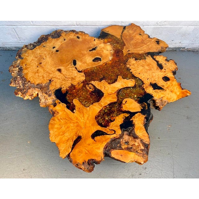 Contemporary Late 20th Century Live Edge Burl Wood Coffee Table With Glitter Epoxy For Sale - Image 3 of 13