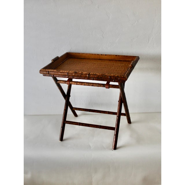1990s Ralph Lauren Style Faux "Tortoise" Bamboo Cane Foldable Butler Serving Tray Side Table Vintage Mid-Century For Sale - Image 11 of 12