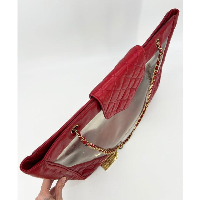 Chanel Vintage Red Leather Clear PVC Shoulder Bag Tote c1990s For Sale - Image 11 of 11