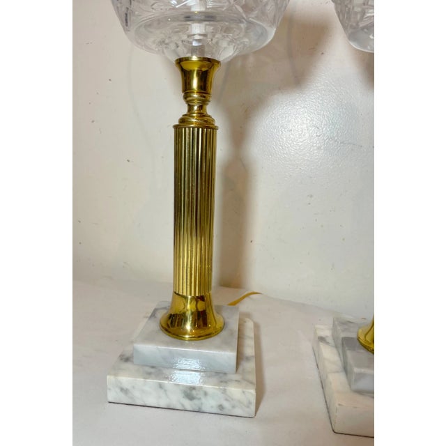 1980s Pair of Tall Vintage Brass Crystal Marble Electric Parlor Table Lamps Antique For Sale - Image 5 of 12