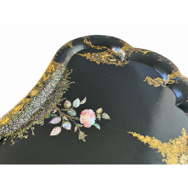 English Antique Papier Mache Tray Mother of Pearl Wisteria Parlor Maid Tray 24.5" For Sale - Image 4 of 9