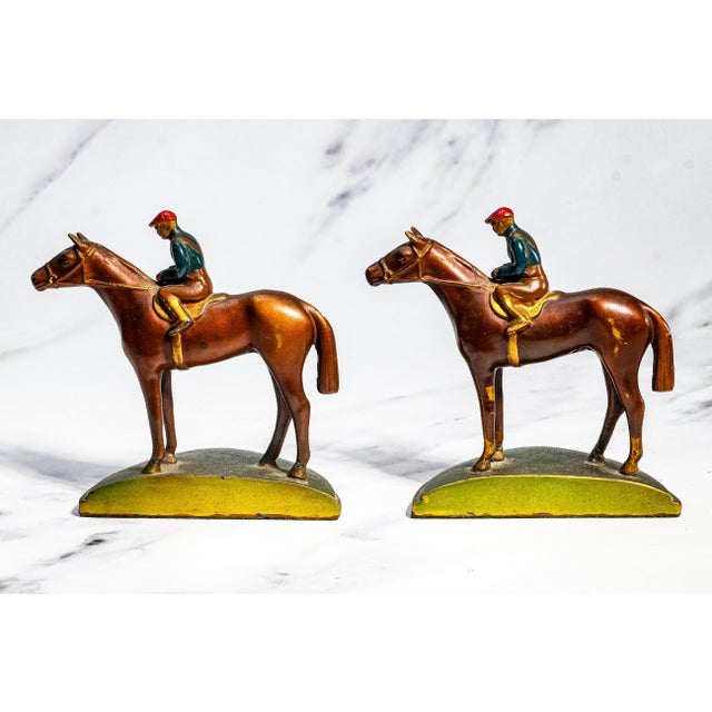 Colorful Horse Jockey Antique Cold Painted Bronze Sculpture Statue Bookends Equestrian For Sale - Image 14 of 18