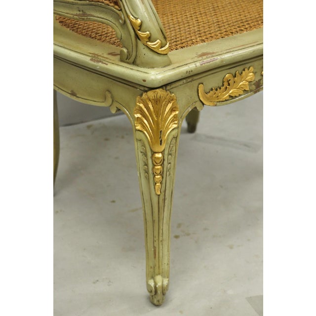 Vintage French Louis XV Style Green Painted Gold Gilt Cane Bergere Arm Chair For Sale - Image 11 of 17