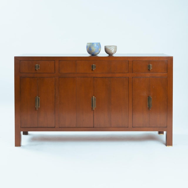 Transitional Cherry Wood Sideboard with Brass Geometric Hardware, 1980s For Sale - Image 17 of 18