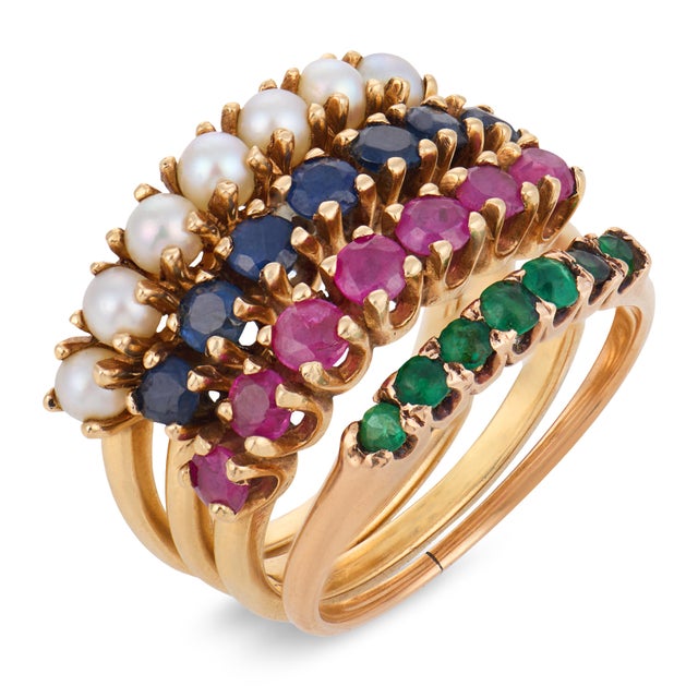 Contemporary Vintage Sapphire Ruby Emerald Pearl 14k Yellow Gold Multi-Band Ring, Size 6 For Sale - Image 3 of 6