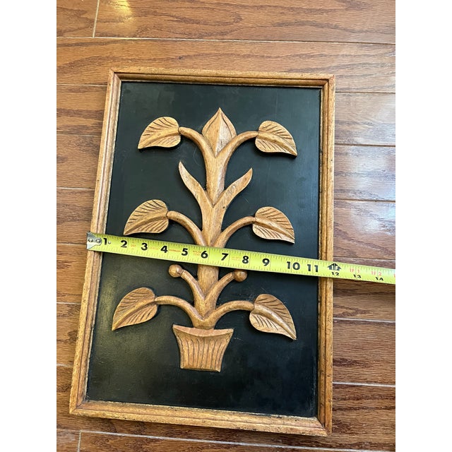 Brown Folk Art Floral Plants Carved Wood Wall Plaques - Set of 3 For Sale - Image 8 of 11