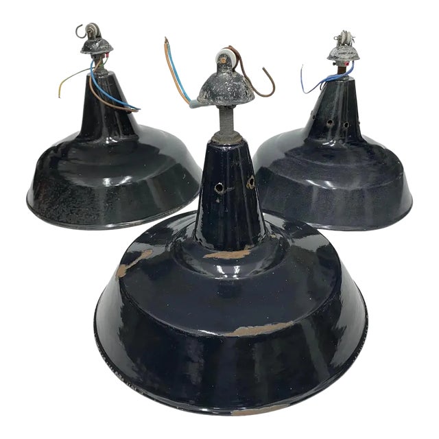 1930s Set of Three Industrial Black Painted Metal Italian Pendants For Sale