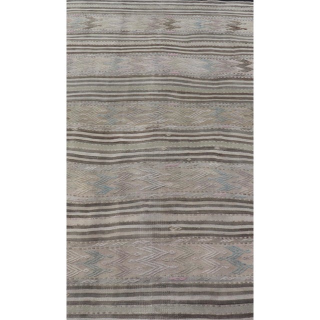 Modern Mid 20th Century Vintage Turkish Flat-Weave Embroideries Kilim in Taupe Lt. Blue Brown Tan For Sale - Image 3 of 11