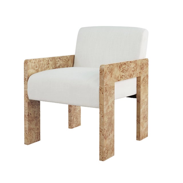 2020s Matthew Izzo Home Astor Light Burlwood Square Arm Wood Accent Chair With White Performance Linen For Sale - Image 5 of 6
