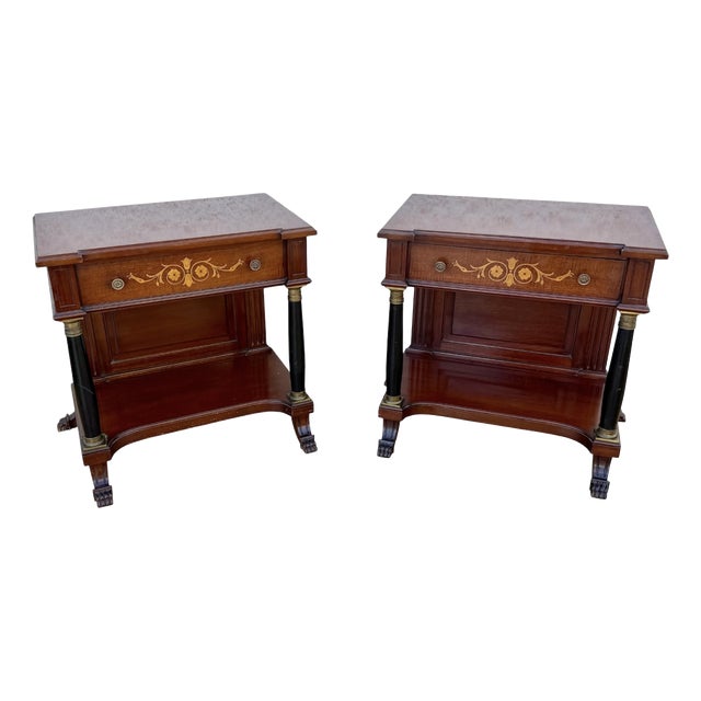 French Empire Wood Nightstands with Marquetry and Black Columns, 1935, Set of 2 For Sale