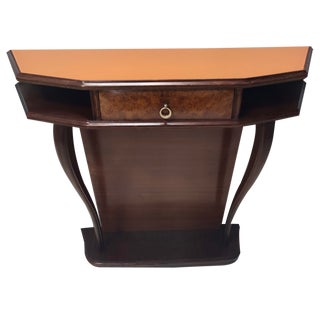 Vintage Beech and Walnut Root Console Table with Orange Glass Top, 1950s For Sale