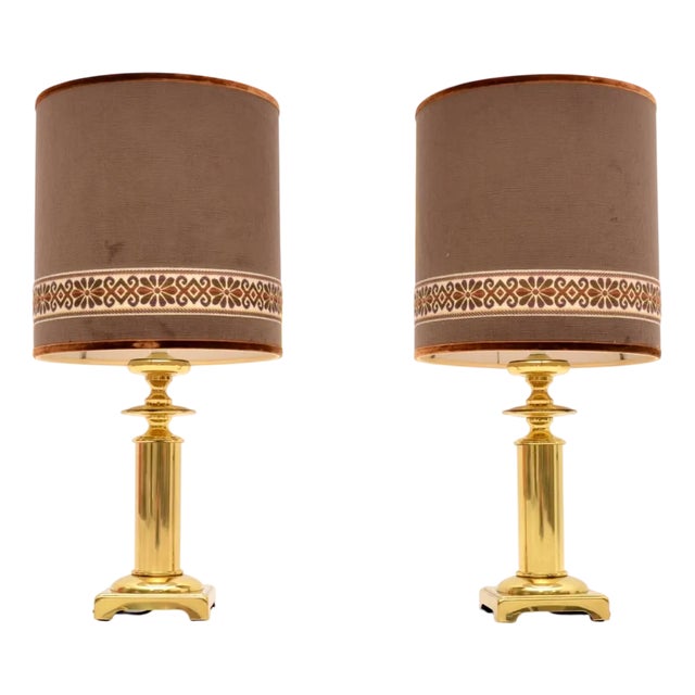 Vintage Brass Table Lamps with Velvet Shades, 1970s, Set of 2 For Sale