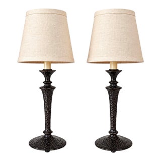 Small Dark Patinated Brass or Bronze Giacometti Style Table Lamps - Pair For Sale