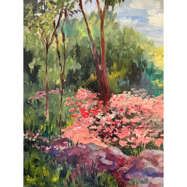 Blue "Lakeside Scene" Oil on Canvas Signed Marion Saltzman For Sale - Image 8 of 9