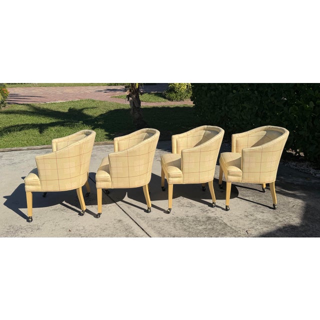 English Vintage Sherrill Furniture Bucket Dining Chairs on Casters in Plaid Upholstery, Set of 4 For Sale - Image 3 of 16