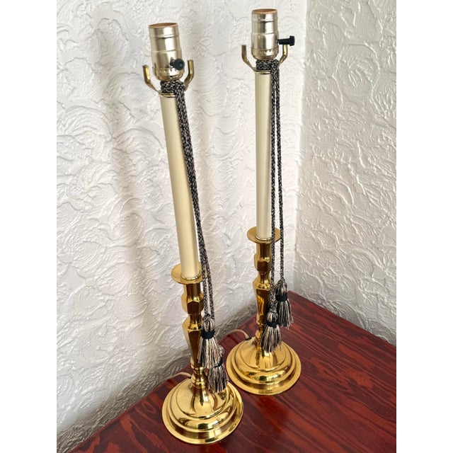 Late 20th Century Brass Candlestick Lamps With Tassels - Pair For Sale - Image 10 of 10