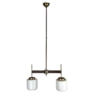 Vintage Italian Brass, Wood & Opaline Chandelier, 1950s For Sale