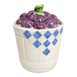 Vintage Treasure Craft Hopscotch Plum Cookie Jar, Blue & White Ceramic For Sale
