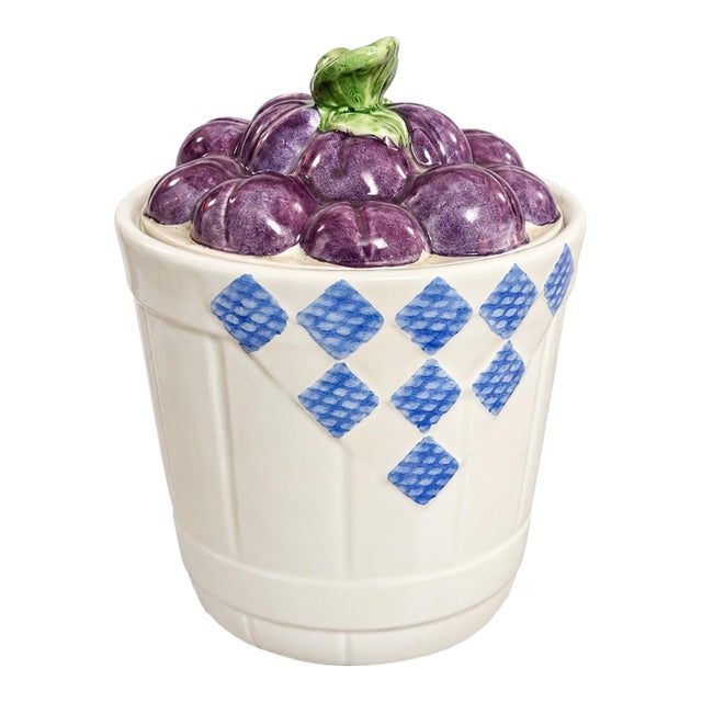Vintage Treasure Craft Hopscotch Plum Cookie Jar, Blue & White Ceramic For Sale