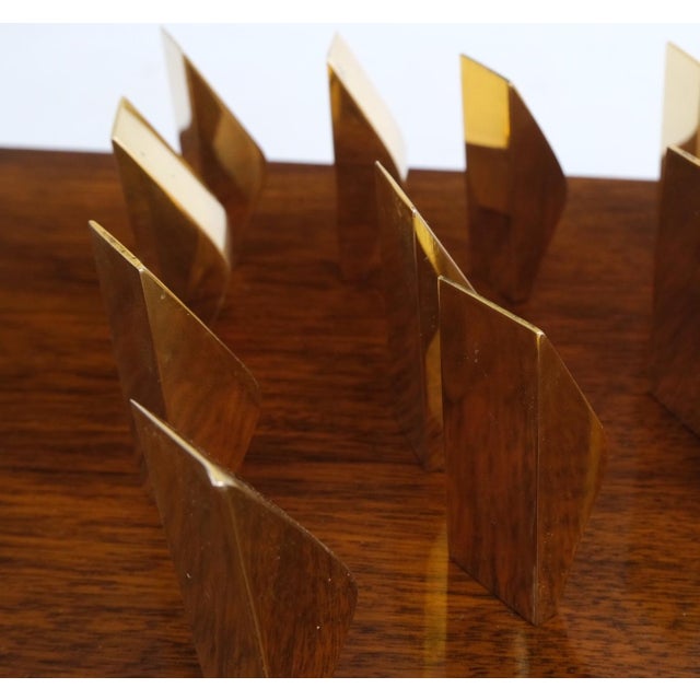 Modern flock of birds sculpture solid brass figurines on rectangle solid walnut block.