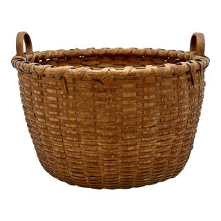 Outstanding Large Size Antique American Hand Woven Ash Wood Splint Maine Apple Farm Harvest Basket For Sale