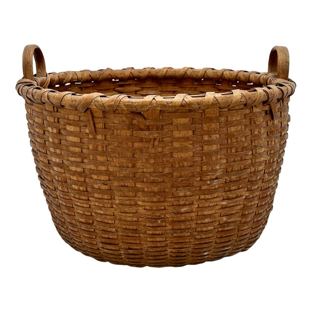 Outstanding Large Size Antique American Hand Woven Ash Wood Splint Maine Apple Farm Harvest Basket For Sale