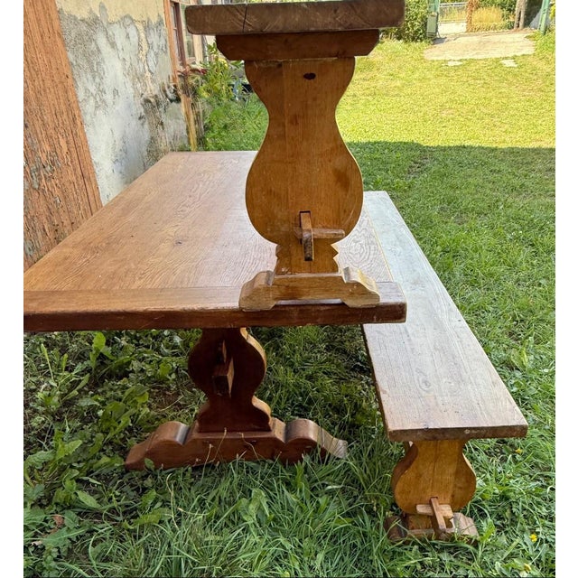 Farmhouse Table and Solid Oak Benches, Set of 3 For Sale - Image 12 of 13